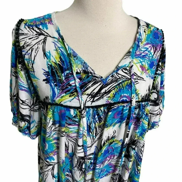 Dressbarn 2X blue peacock print peasant top - Picture 6 of 6